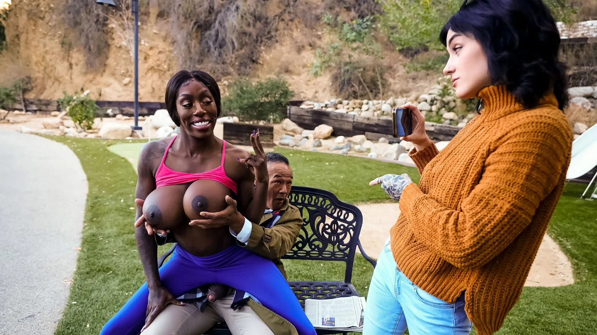 Ebony Mystique in 'Nasty Old Bench Flasher Meets Thirsty Jogging Nymph' from 'Brazzers' (Photo 1) Brazzers 'Nasty Old Bench Flasher Meets Thirsty Jogging Nymph' starring Ebony Mystique (Photo 1)